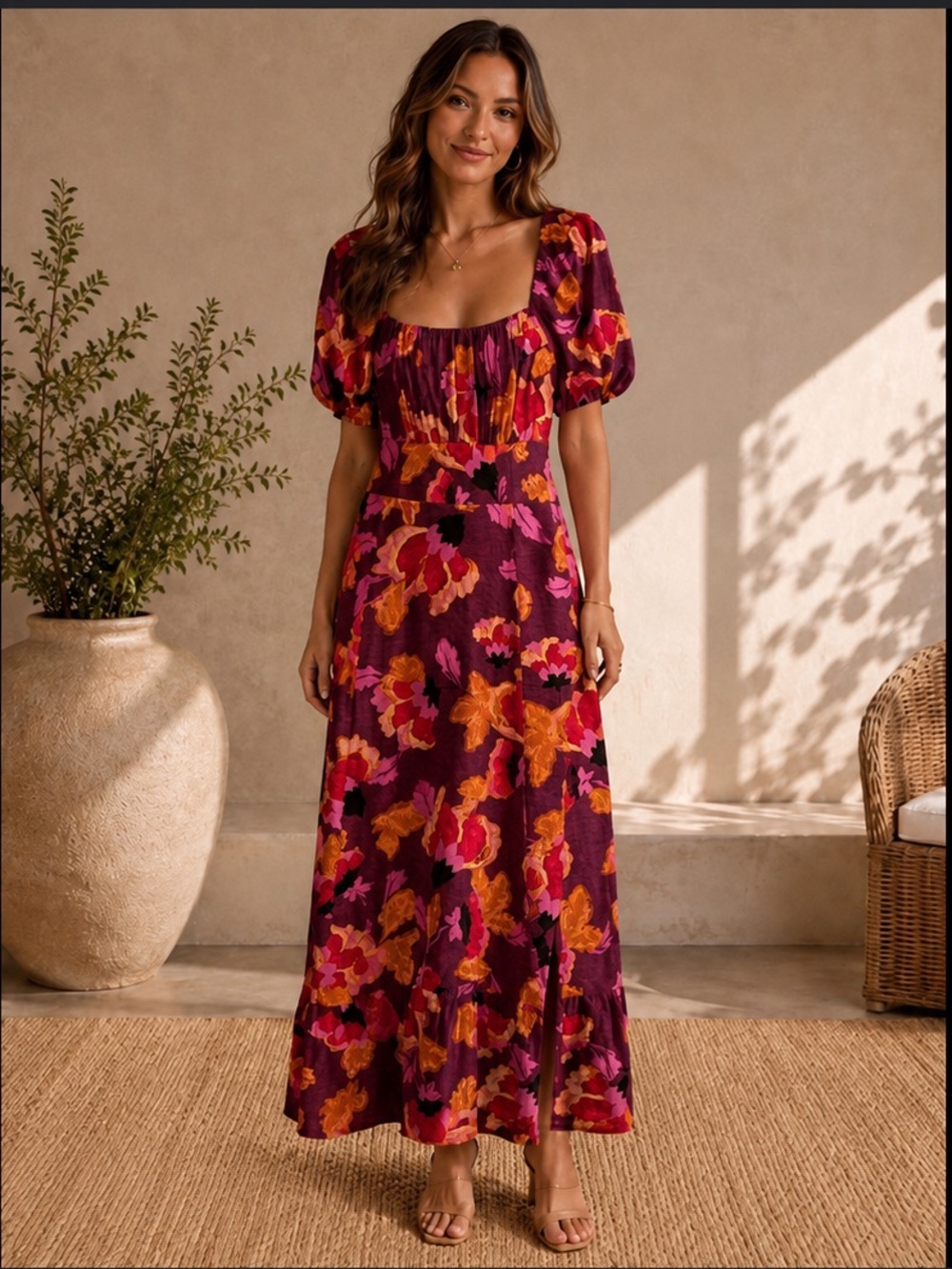 London Times Floral Linen Blend Square Neck Puff Sleeve Maxi Dress 14 NWT
